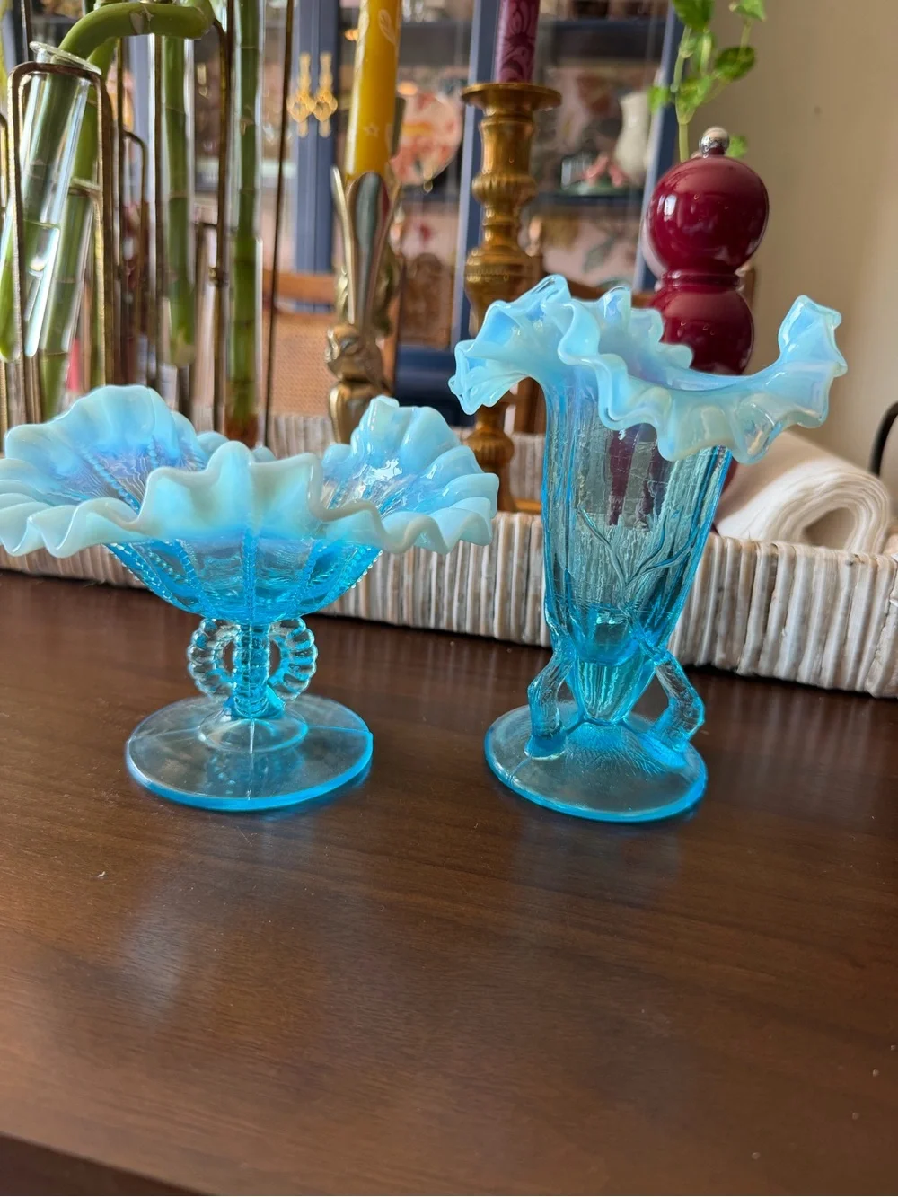 Aqua Blue Opalescent Ruffled Glass Compotes - Pair VINTAGE